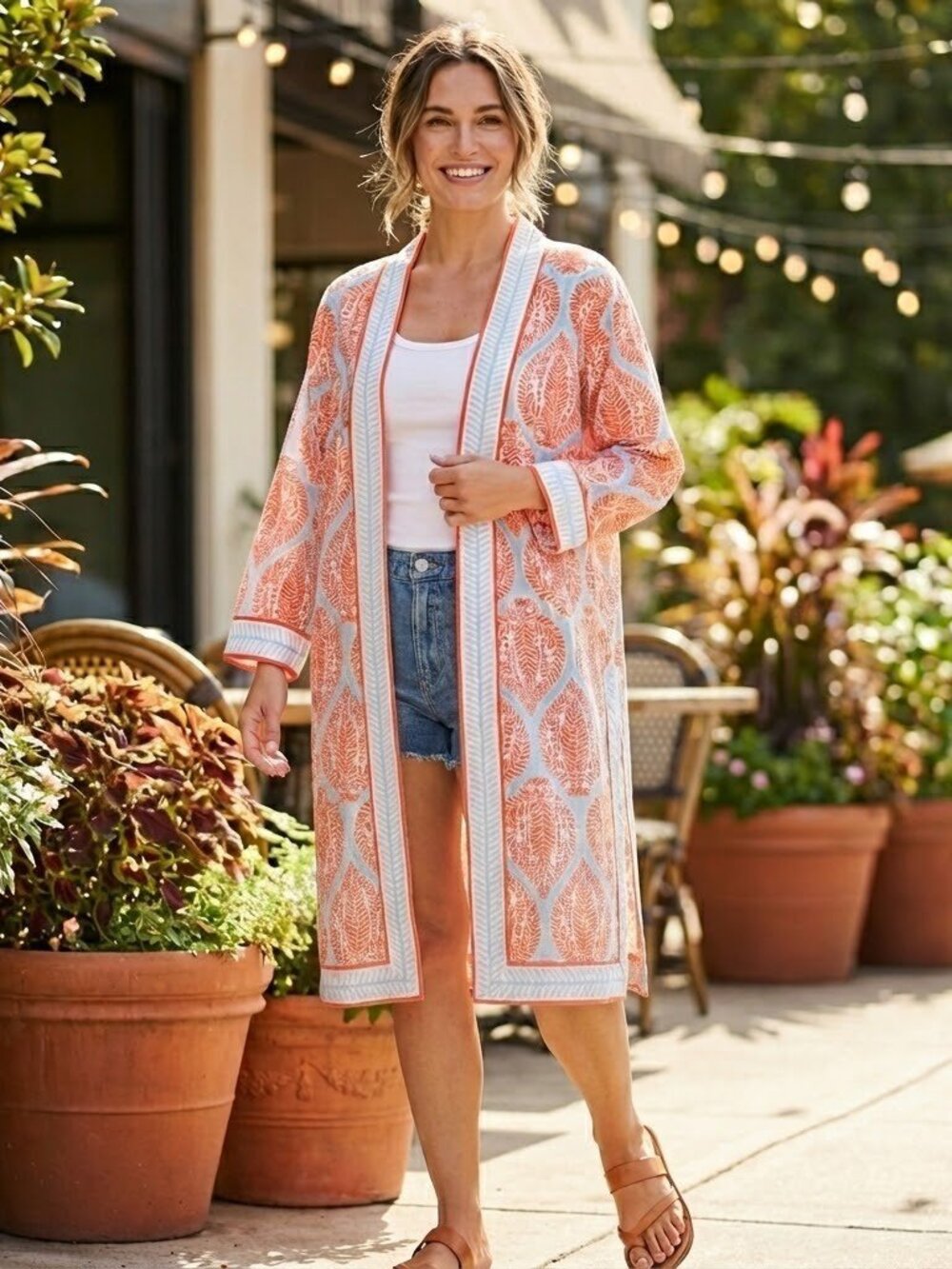 Gretchen Scott Kimono Jacket Size XL XXL Blue Orange Floral Open Front Side Slit